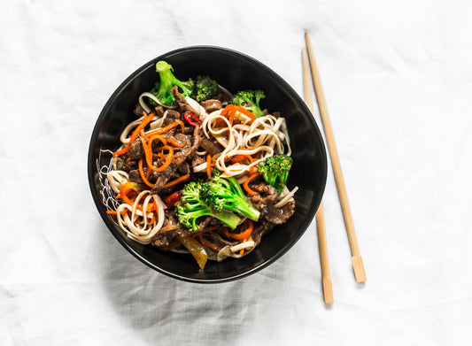 Udon noodles with beef and veggies